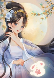 古风中秋节古装小姐姐提兔子花灯赏月