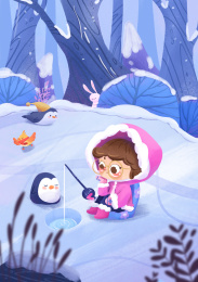 小女孩和企鹅冰钓