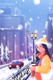 冬天下着雪的街道女孩手握咖啡在等车