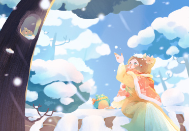 插画雪中屋顶上的女孩和小鸟
