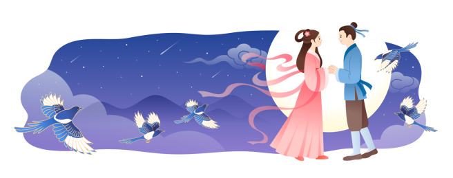 七夕夜晚牛郎织女和喜鹊等插画