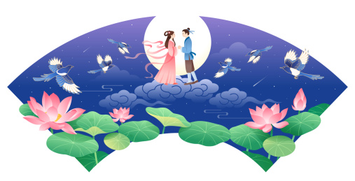 七夕夜晚牛郎织女扇形插画