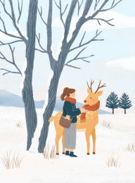 小雪冬天节气女孩和鹿插画