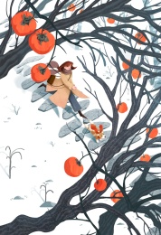 秋天的柿子树下女孩奔跑着追逐柯基小狗