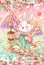 中国风国潮手绘插画玉兔东升