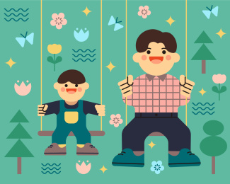 父子秋千父亲节卡通扁平风插画