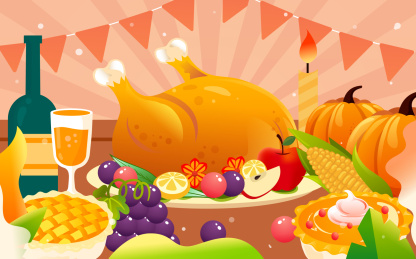 感恩节火鸡食材温暖晚餐美味菜肴聚餐插画