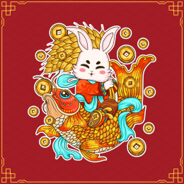 矢量红色国潮兔年有鱼金币麦穗春节红包插画