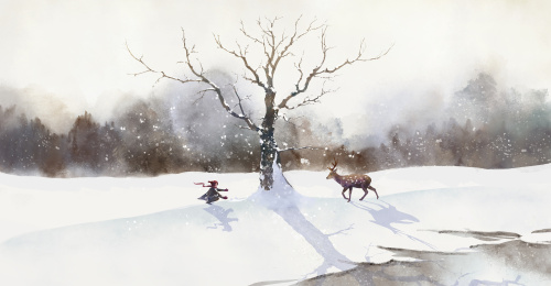 冬季意境雪景水彩画雪地里的小女孩与梅花鹿