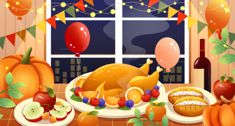 感恩节烤火鸡南瓜美食插画