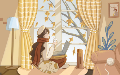 立冬居家温暖落叶原创插画海报