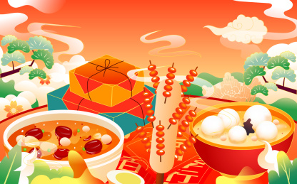 2023兔年春节一家人逛街买年货国潮插画