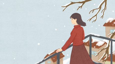 冬天少女望着飘雪