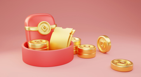 圆形礼盒里放满了红包古铜钱和优惠券