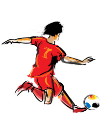 世界杯水墨红色足球运动员奔跑