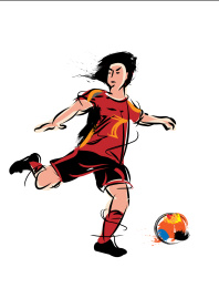 世界杯水墨红色足球运动员侧身盘带元素图