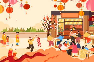 新年庙会集市矢量插画