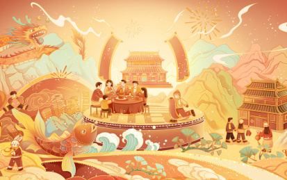 国风新中式新年年夜饭团圆春节节日氛围