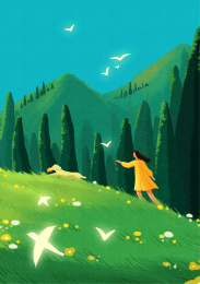 原创风景插画 四季风景 女孩小狗户外草地