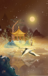 中国风冬季雪景仙鹤亭子国潮风景插画