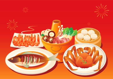 新春一家团圆年夜饭矢量插画