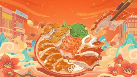 中国风广式烧腊餐饮美食矢量插画海报