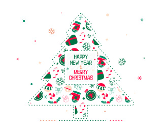 圣诞树内填充不同装饰图案白色背景扁平设计