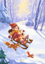 女孩在雪地里坐雪橇