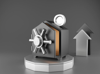 3D黑色保险箱和向上箭头金融理财元素