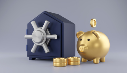 3D金色存钱罐和保险箱金融理财组合素材