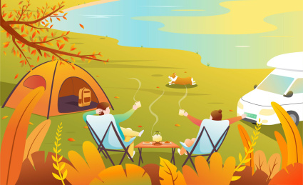 秋季情侣户外露营风景插画海报