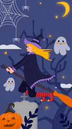 女孩骑扫把飞行万圣节插画启动页弹窗