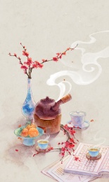 冬天窗前围炉煮茶梅花书桌清供小品静物国风