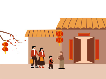 小年一家人一起带礼物去外婆家会家串门主题