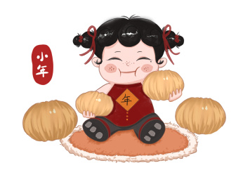 红色小年小女孩双手拿糖瓜吃坐在毯子上元