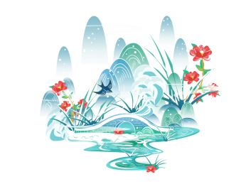 小雪国潮小雪花和风景结合蓝色景色山脉花