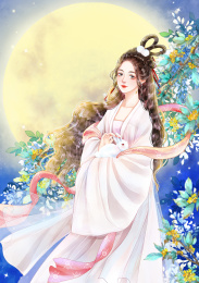 桂花树下抱着兔子的古装少女