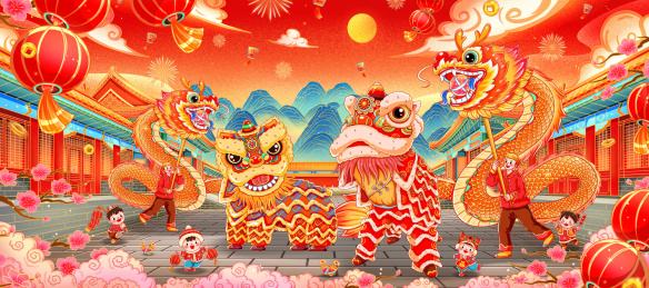 国潮喜庆舞狮舞龙新年贺图插画