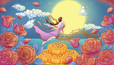 中秋节嫦娥奔月月饼花朵兔子月亮