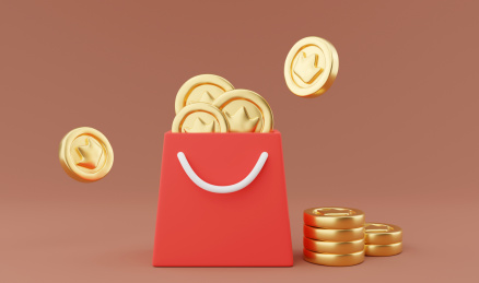 红色3D购物袋里装满了皇冠金币