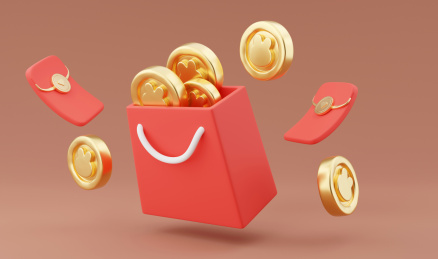 红色3D购物袋里装满了兔年兔头金币