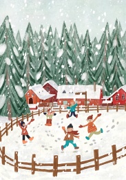 冬季下雪天一群小朋友在雪地里玩耍插画