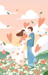 浪漫花海情侣拥抱情人节插画
