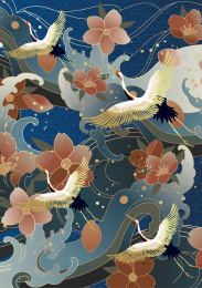 国潮古风传统中式古典吉祥海浪小花仙鹤底纹