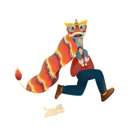 新年元宵节亲子舞狮插画人物元素