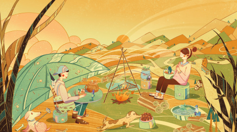 情侣在落日黄昏露营烧烤