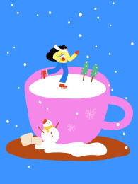 在杯子上滑冰的女孩冬日节气插画