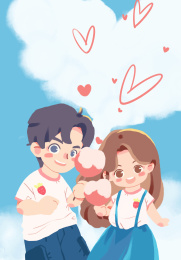 插画蓝天白云情人节的情侣