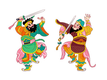 绿色古风一对拿剑门神守护元素