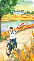 芒种高考生骑自行车穿过麦田